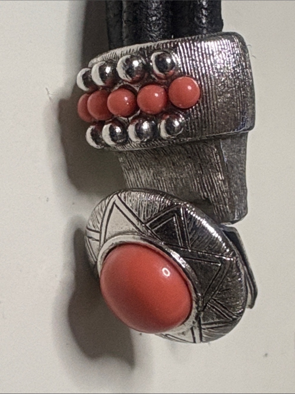 Black Leather Bracelet with Coral Accent and Silver-Tone Detailing - Picture 4 of 7